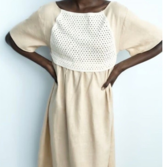 Zara Linen Crochet Beige Midi Dress - Picture 2 of 7